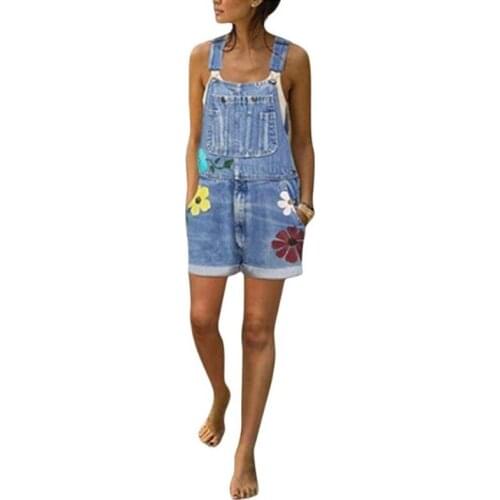 Denim Shorts Little Daisy Printed Suspender Pants Mid-Waist Womens Summer Washed Denim Jeans Woman High Waist