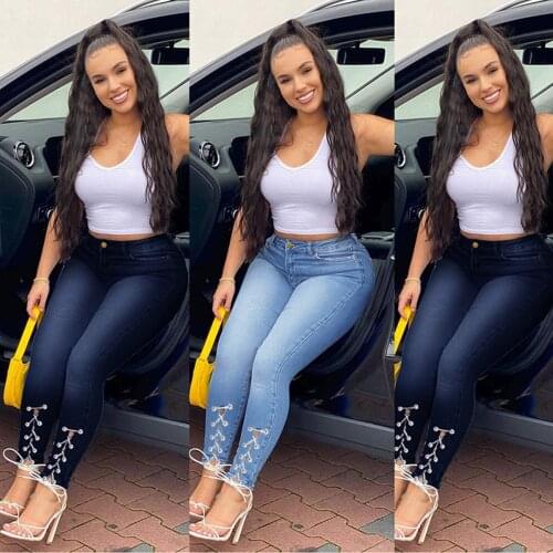 Lace Up Jeans Women Spring 2021 Fashion Sexy Butt Lift High Waist Stretch Skinny Denim Pencil Pants