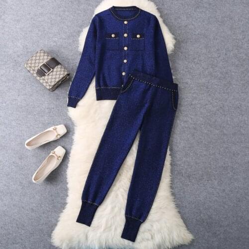 Autumn Knitted Two Piece Set Top And Pants Set Women Bright Silk Single Buttons Loose Sweater Tracksuit Sports Set Matching Sets