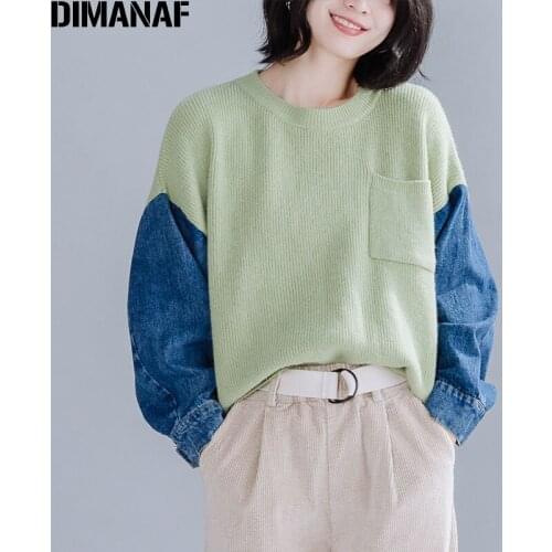 DIMANAF Winter Oversize Women Sweater Knitting Thick Pullovers Lady Tops Cotton Denim Spliced Fashion Loose Female Clothing