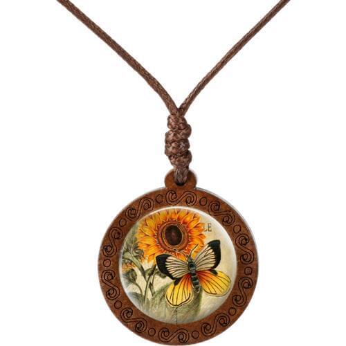 Yellow Sunflower Flower Butterfly Pattern Glass Cabochon Wood Necklace Fashion Jewelry Sweater Chain Long Necklace Women Gift