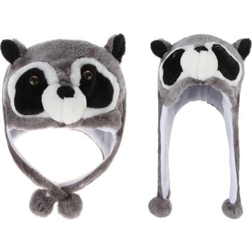Unisex Winter Fuzzy Plush Raccoon Animal Hat with Pompom Long Straps Snow Ski Warm Earflap Beanie Cap Cosplay Party Costume Head