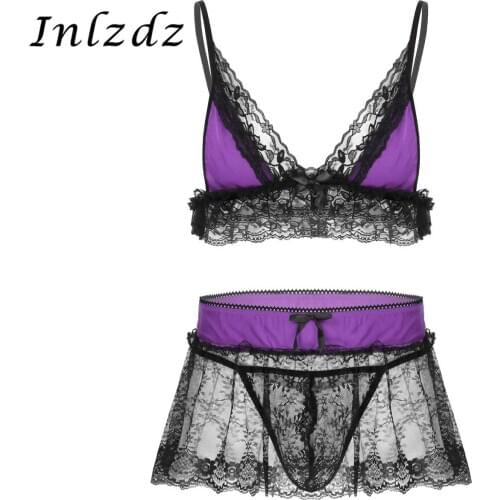 3Pcs Mens Erotic Lace Lingerie Set Adjustable Spaghetti Shoulder Straps Deep V Neck Bra Top with Mini Skirt and G-string Briefs