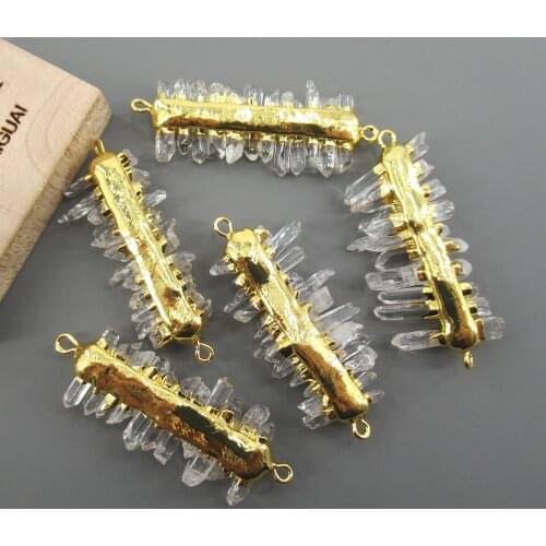 APDGG 5 PCS Faceted Natural Clear Quartz Crystal 20x40mm Gold Plated Double Bail Connector Jewelry Making DIY