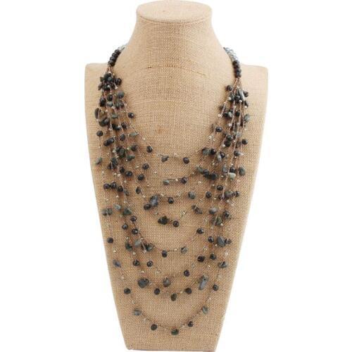 Beadsland multilayer handiwork crochet nature stone rope chain long necklace for ethnic vintage fashionable women