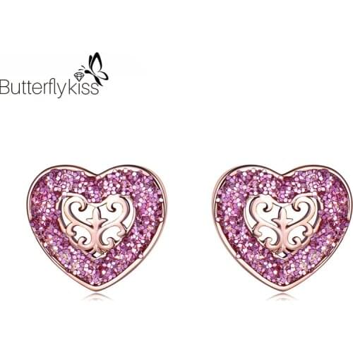 BK Real 925 Sterling Silver Earrings For Women Heart Shape Silver Pink Sequin Ear Stud Luxury Fine Jewelry Gift To Girlfriend