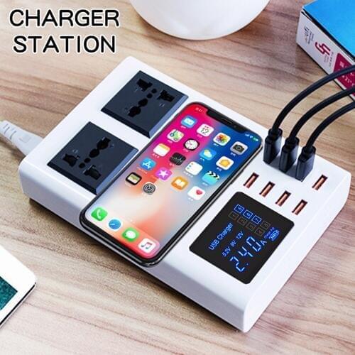 Qi Wireless Charger Charging Pad 8 Ports USB Mobile Phone Wall Charger Led Display EU US UK Plug Power Socket AC Adapter Station