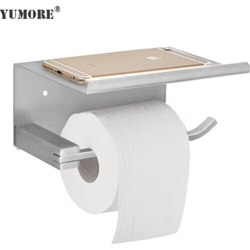 YUMORE Stainless Steel Toilet Paper Holder Tissue Holder With Phone Shelf Heavy Duty Roll Paper Shelf Bathroom Hardware