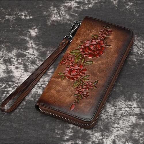 3D Embossing Retro Wallet for Women Clutch Bag Genuine Leather Wallet Female Long Clutch Money Bag Coin Purse Phone Pocket