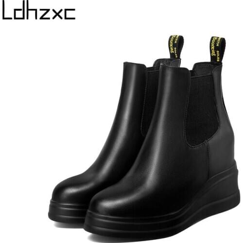 LDHZXC Fashion Winter Boots Women Winter Newest Platform Genuine Leather Chunky Heels Shoes Woman Party Prom Ankle Boots