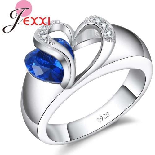 Cute Heart Blue Stone Ring Set for Women Wedding Jewelry 925 Sterling Silver Crystal Engagement Bridal Rings