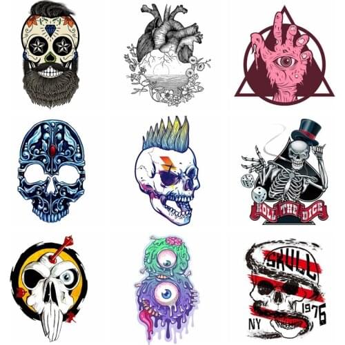 Pulaqi Skull Patches Iron On Transfers Punk Heat Transfers Punk Patch For Clothes Thermal Transfer Hot Vinyl Iron Stickers DIY
