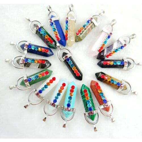 Natural stone fluorite Quartz Crystal Turquoises tiger eye pillar charm pendant for diy Jewelry making necklace Accessories12pcs