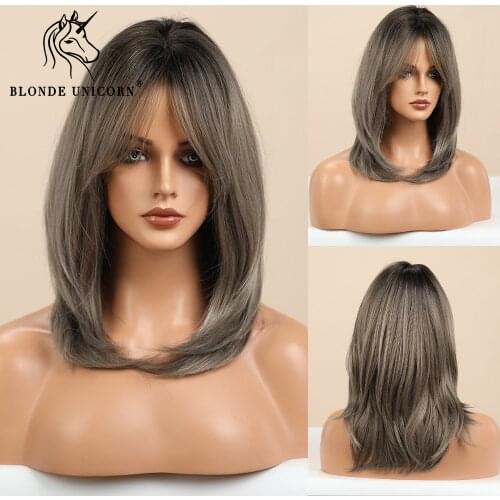 Blonde Unicorn Bobo Synthetic Wigs with Bangs Straight Hair Wig Dark Root Ombre Light Blonde Grey Daily Wig Heat Resistant