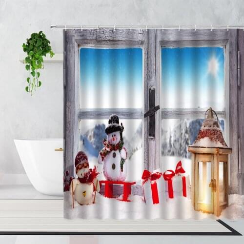 Snowman Gift Window Scenery Shower Curtains Snowflake Christmas Day Decor Background Hanging Cloth Bathroom Bath Curtain Screen