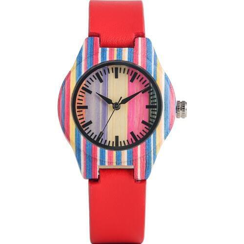 Girls Casual Quartz Wooden Wristwatch Concise Colorful Dial Red Pin Buckle Strap Watch Super Lightweight Bamboo Wood Watches