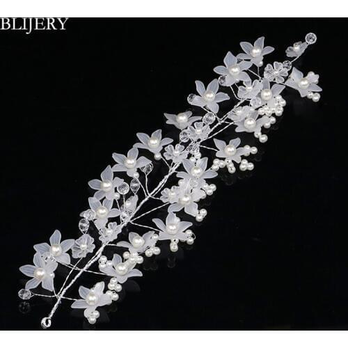 BLIJERY Handmade Imitation Pearl White Flower Bridal Headband Wedding Hair Accessories Brides Headdress Women Party Hair Jewelry