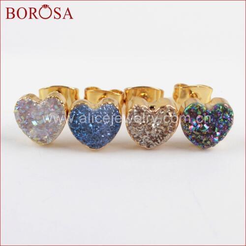 BOROSA Heart Shape Natural Crystal Titanium Druzy Studs Earrings Gold Drusy Rainbow Gems Studs Jewelry Women Gifts 2020 G1328