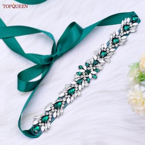 TOPQUEEN S476-G Fashion Wedding Bridal Belt Green Rhinestone Belt Marriage Dress Belt Stone Belt Straps for Women Wedding Belts