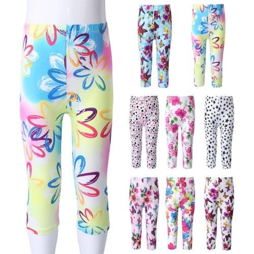 Oyolan Girls Cropped Trousers Floral Print Flower Kids Calf Length Skinny Pants Stretch Leggings Children All-matches Bottoms