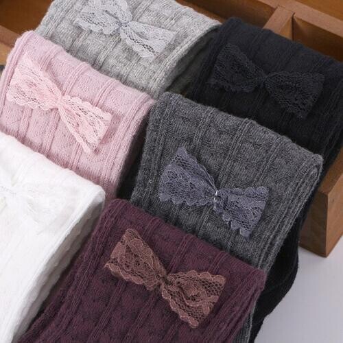 Spring Autumn Pure Colour Babies Bottoming Stocking Lace Bowknot All Cotton Girl Children Elastic Knitted Pantyhose