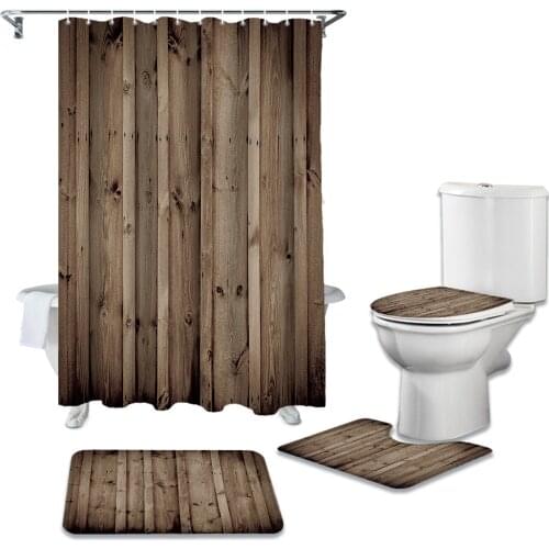Vintage Brown Wooden Board Shower Curtain Sets Non-Slip Rugs Toilet Lid Cover and Bath Mat Waterproof Bathroom Curtains