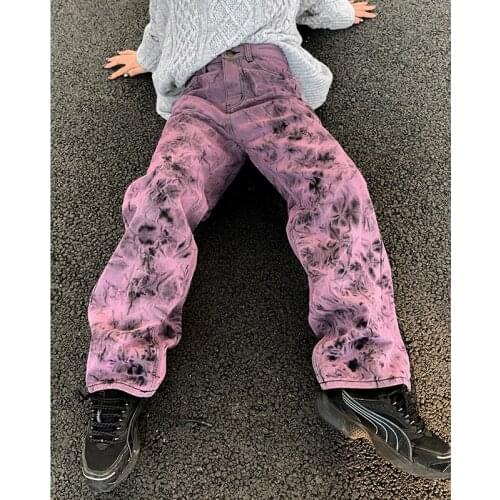 High Street Tie-Dye Womens Jeans Spring and Autumn 2021 New High Waist Large Size Loose and Thin Straight Wide Leg Pants