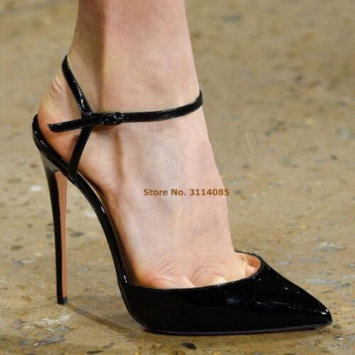 Women Graceful Stiletto Heels Ankle Buckle Strap Shallow Pumps Pointed Toe Patent Leather Wedding Shoes Banquet Shoes Dropship