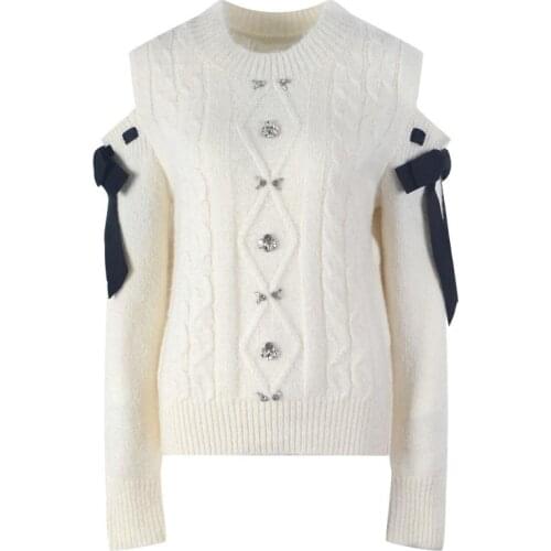 2021 Winter Bandage Sweet Strapless Sexy Sweater Top New Bow Knot Twist Elegant Diamond White Pullover Brand Clothing