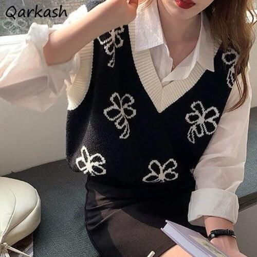 Sleeveless Sweater Vest Women Elegant Ins Knitwear Floral Outerwear V-neck Retro Sweet BF Streetwear Loose Trendy Vintage Lovely