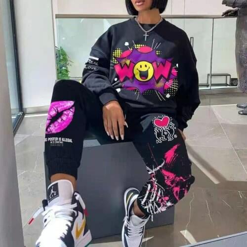 Vintage Loose Black Lips Print Two Piece Set O Neck Long Sleeve Pullover Fashion Casual Suit Women Plus Size 2021 Spring Fall