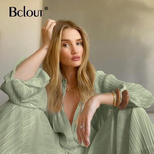 Green Vintage Pleated Women Suit Spring Long Sleeve Top And High Waist Wide Leg Pants Loose Two Piece Set 2021 Button Up Blouse