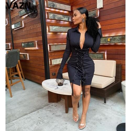 VAZN 2020 Hot Popular Cross Bandage Top Sexy Club Elegant Young Deep V-Neck Full Sleeve Women High Waist Thin Mini Dress