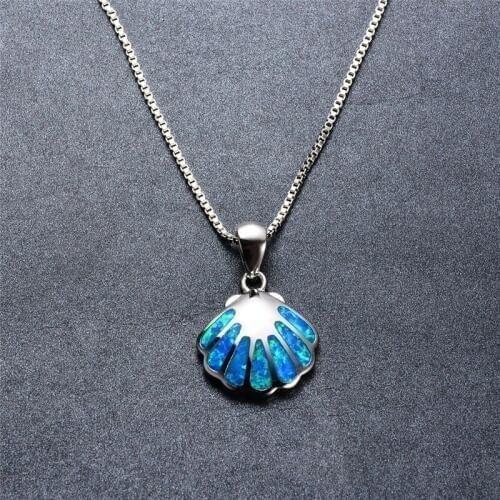 925 Sterling Silver Cute Shell Pendant Necklaces For Women Wedding Jewelry Blue Fire Opal Stone Female Summer Beach Necklaces