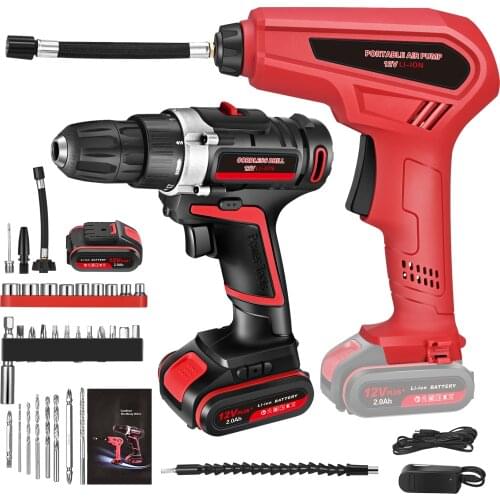 12V Max Power Cordless Drill Electric Driver/Drill Kit With Tire Inflator 1500PSI Cordless Tire Pump With 3nozzles For Car