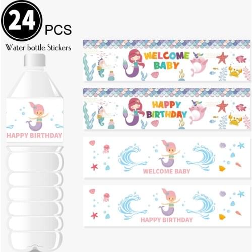 24pcs/lot Baby Shower Paper Water Bottle Stickers Label Decoration Gender Reveal Mermaid Theme Happy Birthay Party Supplies zz21
