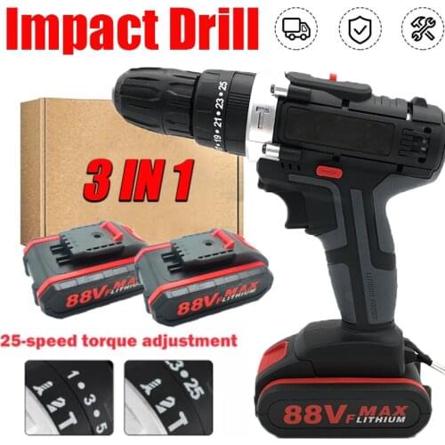 3 IN 1 Impact Cordless Screwdriver Drill 88V 25+3 Electric Impact Drill Power Tools Hammer Drill With Worx Battery 29pcs Set