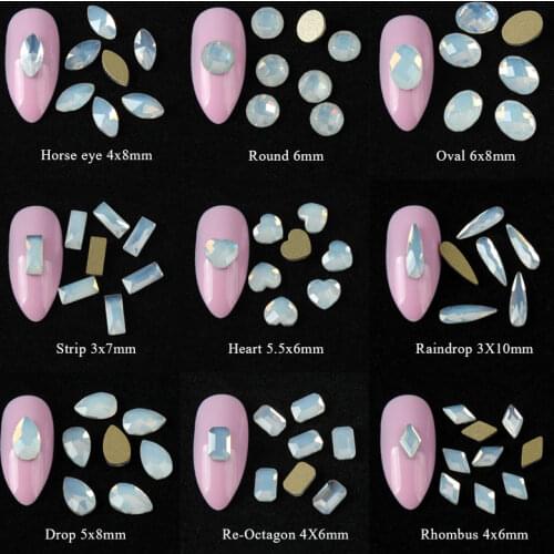 30/100pcs white opal Mix shapes Nails Art Rhinestones Flat Crystal Stones For DIY 3D Nail decoration Accessories