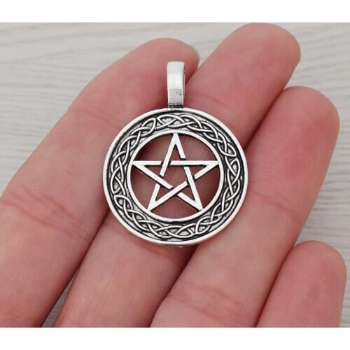 6 x Pentagram Pentacle Star Celtics Knot Round Amulet Charms Pendants for Necklace Jewelry Making Findings 28mm