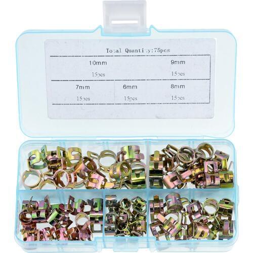 75PCS/BOX Color zinc 6-10mm Vacuum Spring Fuel Oil Water CPU Hose Clip Pipe Tube for Band Clamp Metal Fastener Assortment Kit