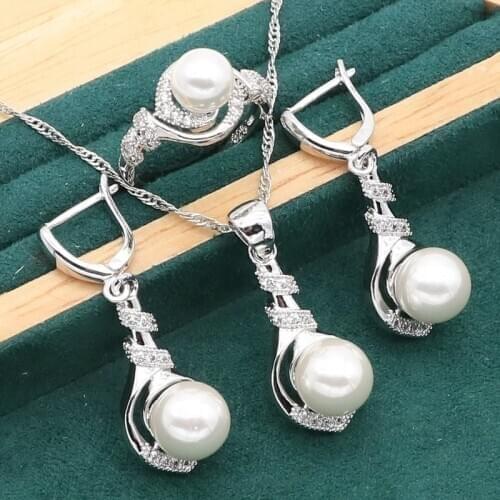 White Gray Pearl Silver Jewelry Set for Women Earrings Necklace Pendant Ring Sets Gift