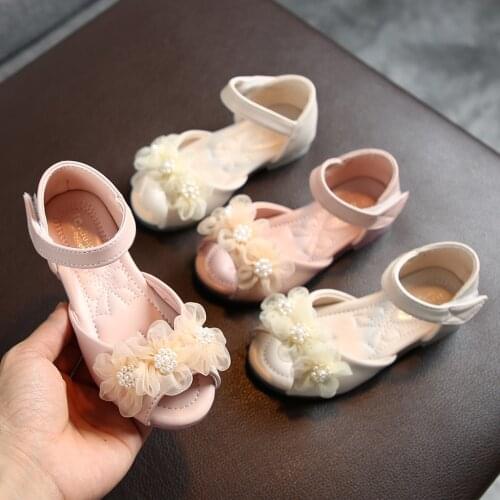 Toddler Infant Princess Shoe Kids Baby Girls Pearl Floral Hook Solid Color Open Toe Sandals Party Sweet Leather Shoes Sandals