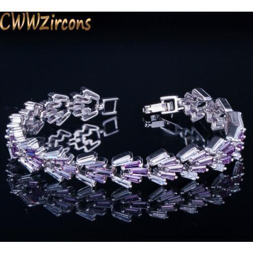 CWWZircons 2020 New Arrival Chian Link Style White Gold Color Clear CZ Crystal Purple Bracelets For Wedding Brides Jewelry CB106