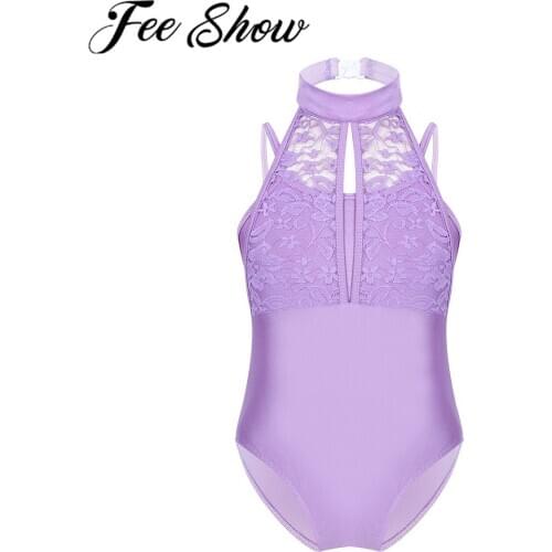 Kids Girls Ballet Dance Dress Gymnastics Leotard Bodysuit Lace Overlay Bodice Gym Catsuit Ballerina Modern Stage Lyrical Costume