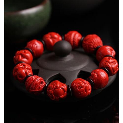 Chinese Zodiac Red Organic Cinnabar 14MM Beads Elastic Bracelet Natural Fashion Man ahd woman Luck Amulet Gifts
