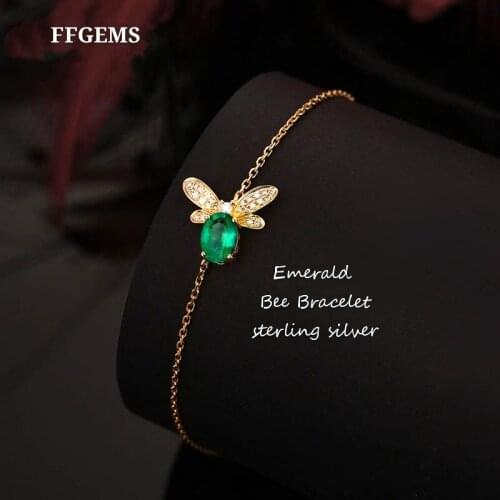 FFGEMS Created Emerald Gemstone 925 sterling silver bee bracelet for women gold plating fine jewelry free shipping