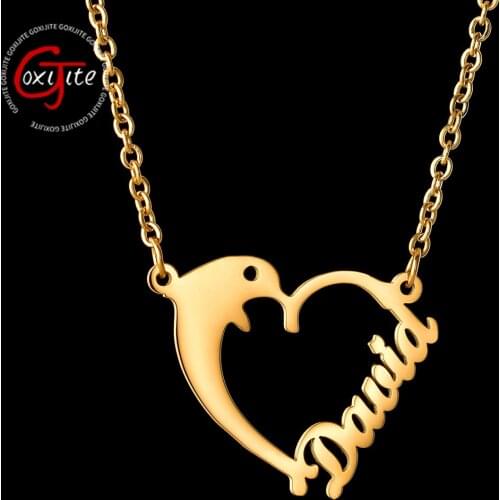 Goxijite Custom Women Name Necklace Personalized Stainless Steel Dolphin Heart Nameplate Necklaces Creative Gift