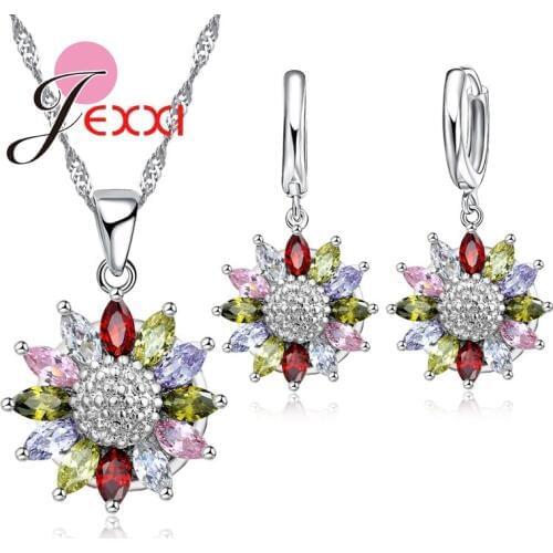 Exquisite 925 Sterling Silver Wedding Jewelry Set For Women Colorful Cubic Zircon Pendants Necklace Hook Earrings Set