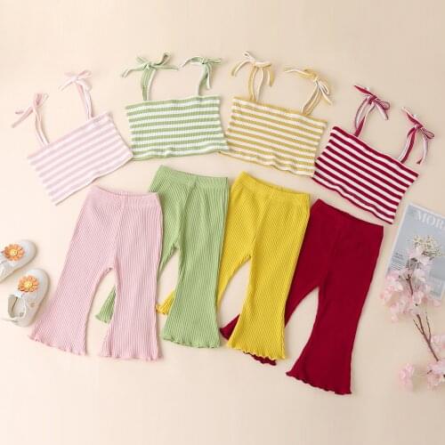 FOCUSNORM 0-24M Summer Lovely Baby Girls Clothes Sets Sleeveless Striped Belt Vest Tops Long Flare Pants 2pcs