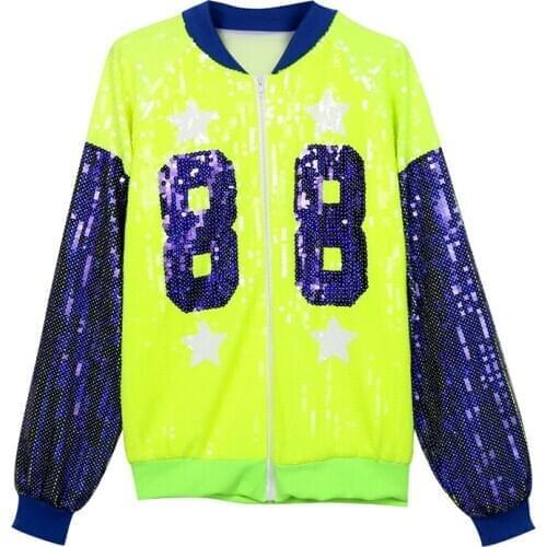PERHAPS U Women Fluorescent Green Orange Silver Letter Digital Sequined Zipper Long Sleeve Bomber Jacket Baseball Uniform C0447